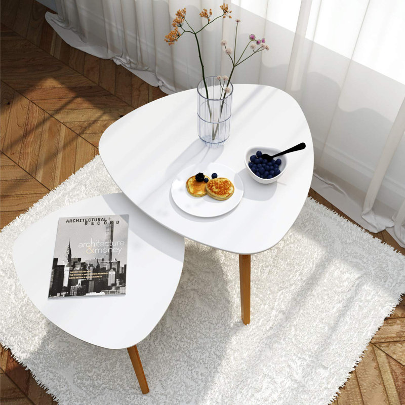 Bamboo Nesting Triangle End Table Set of 2 Coffee Table Modern Minimalist Side Table for Living Room Balcony in White George Oliver